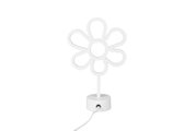 Witte led-tafellamp in de vorm van een bloem, met ronde voet en netsnoer, vooraanzicht in licht bovenaanzicht tegen een witte achtergrond