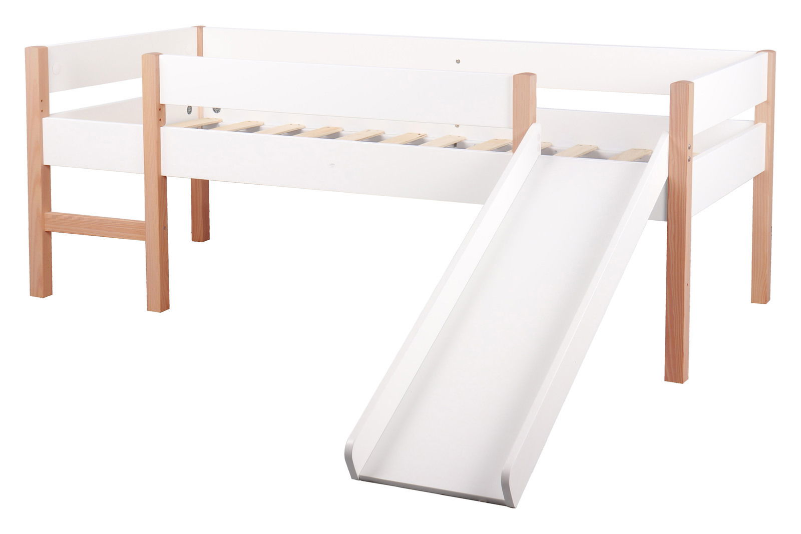 Weißes Kinderbett mit Rutsche, seitliche Perspektive