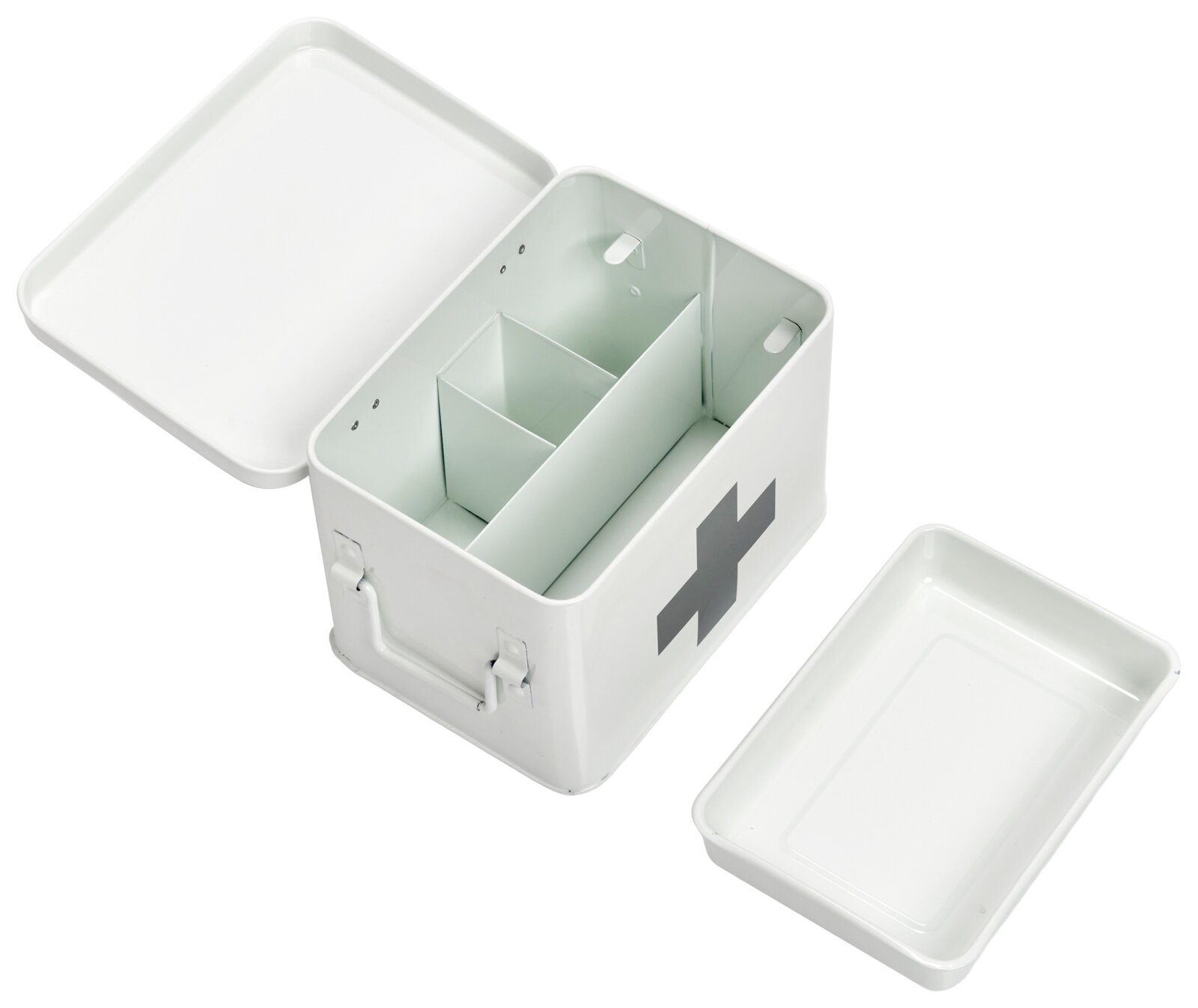 Medizinbox aus Metall mit abnehmbarem Deckel und Fächern, von oben betrachtet