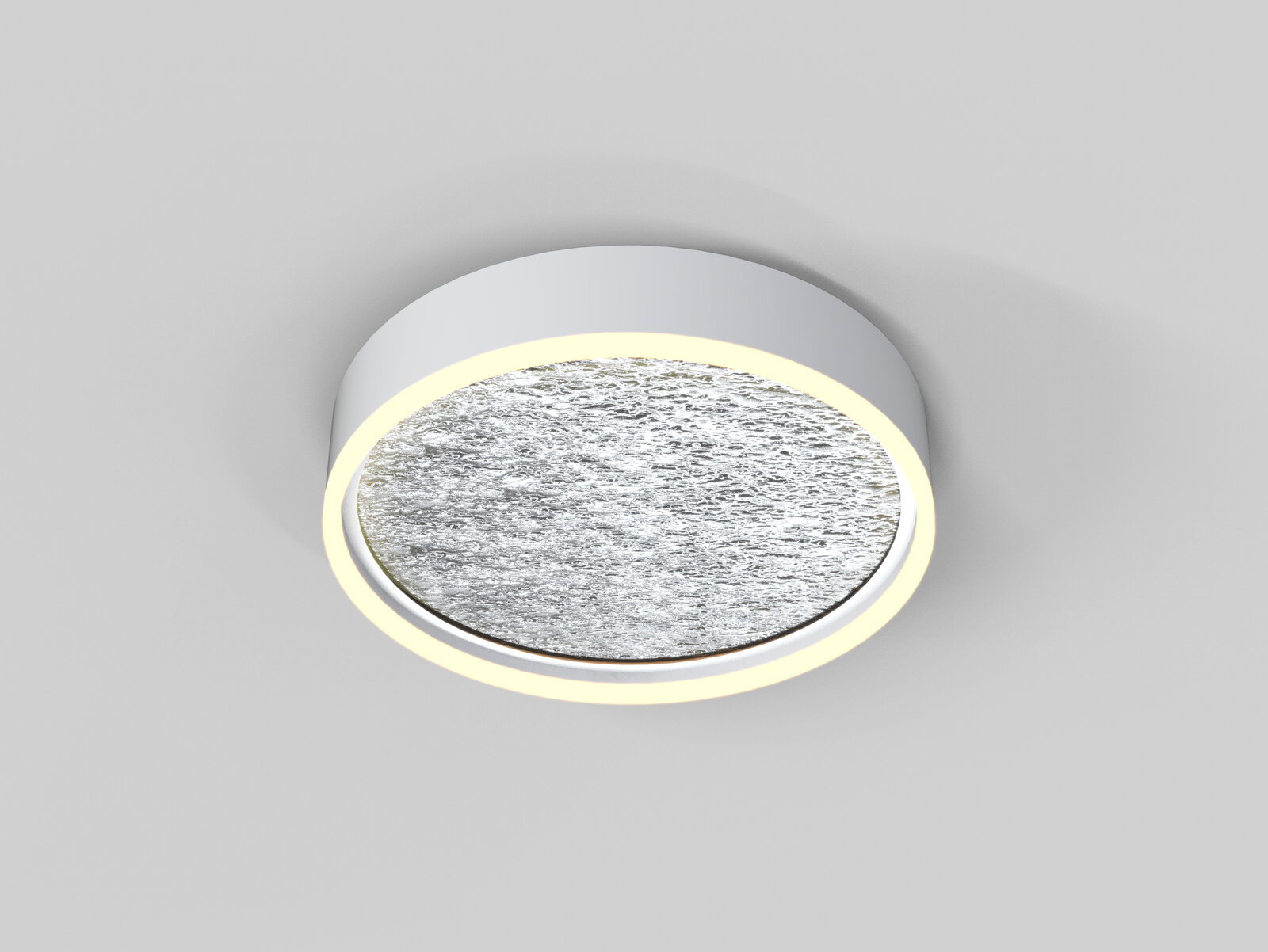 Moderne Deckenleuchte Bordeaux in runder Form mit silberner Oberfläche und leuchtendem Rand, Ansicht von unten.