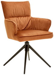 Moderner Armlehnstuhl in warmem Orange mit gepolstertem Sitz und Rückenlehne, auf schwarzem Metallgestell. Seitenansicht.