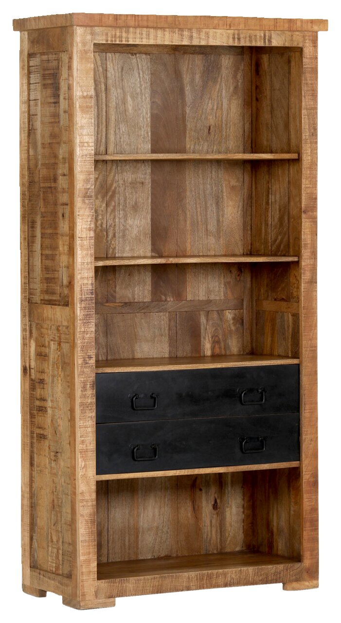 Holzregal mit zwei schwarzen Schubladen, seitliche Perspektive