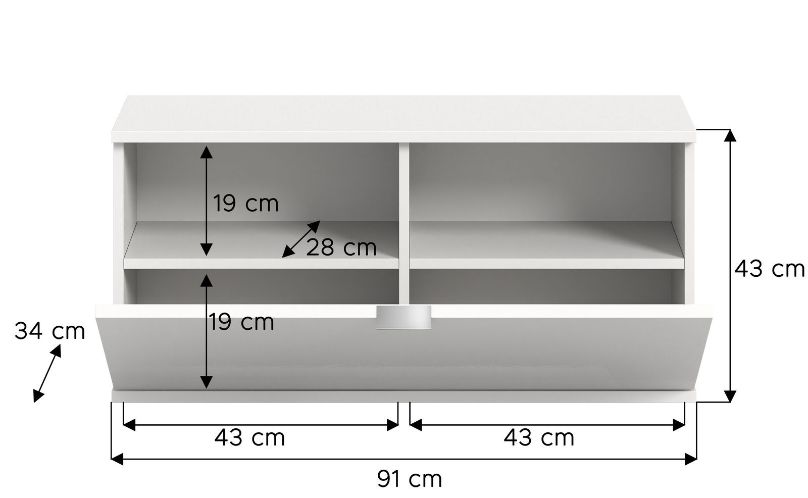 Weiße Sitzbank oder Kommode mit zwei offenen Fächern und einer Klappe, Frontansicht, Maße: 91 cm Breite, 43 cm Höhe, 34 cm Tiefe.