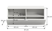 Weiße Sitzbank oder Kommode mit zwei offenen Fächern und einer Klappe, Frontansicht, Maße: 91 cm Breite, 43 cm Höhe, 34 cm Tiefe.