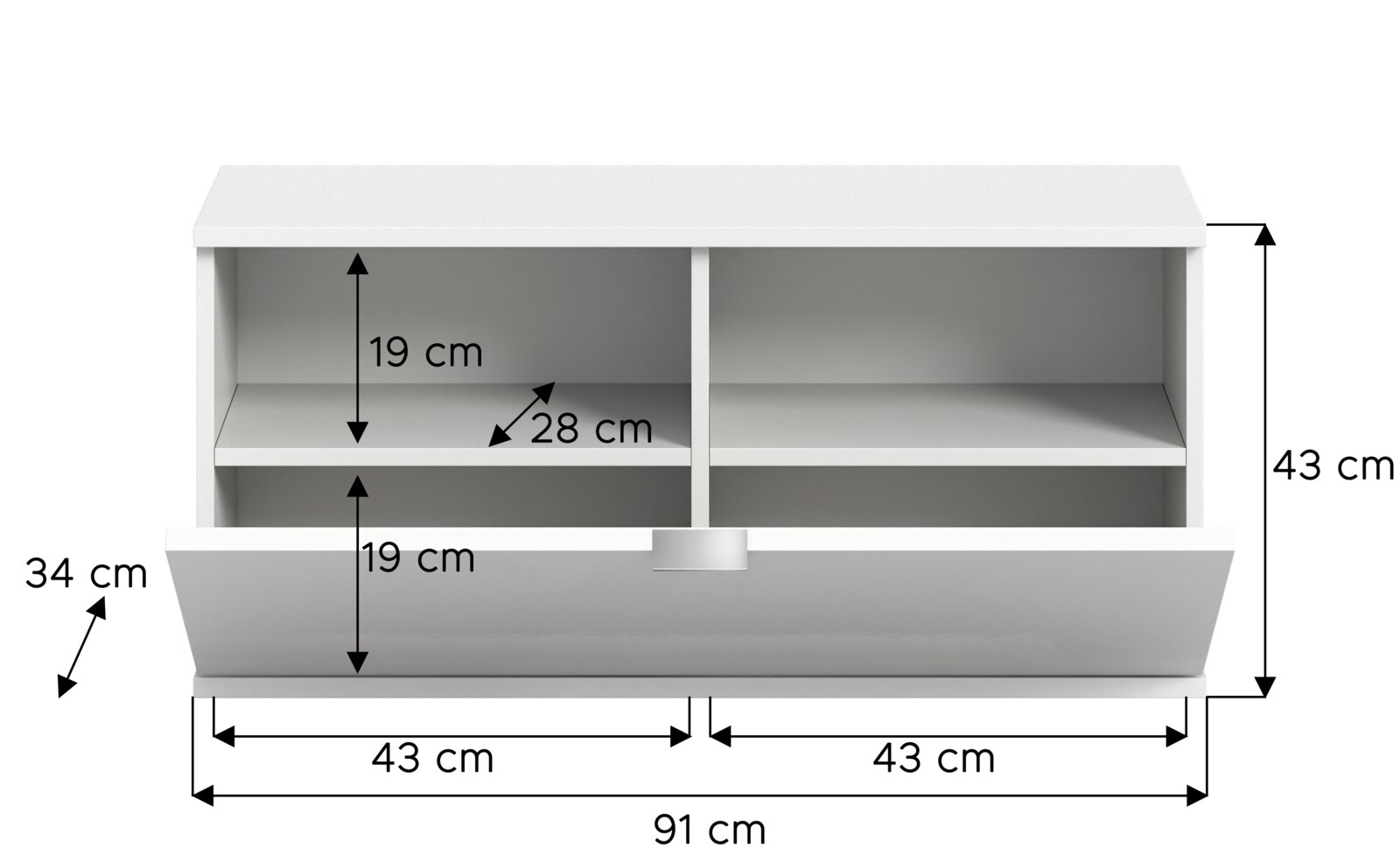 Weiße Sitzbank oder Kommode mit zwei offenen Fächern und einer Klappe, Frontansicht, Maße: 91 cm Breite, 43 cm Höhe, 34 cm Tiefe.