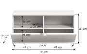 Weiße Sitzbank oder Kommode mit zwei offenen Fächern und einer Klappe, Frontansicht, Maße: 91 cm Breite, 43 cm Höhe, 34 cm Tiefe.