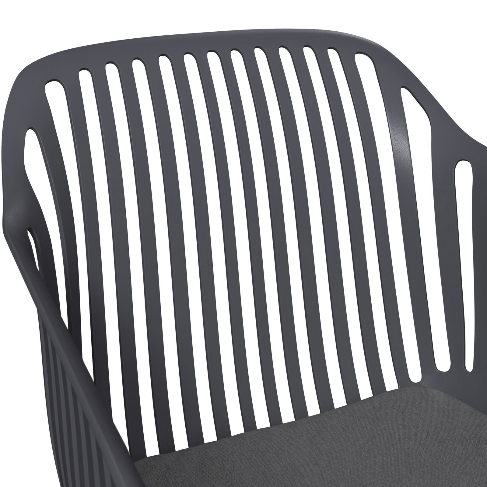 Nahaufnahme eines grauen Stapelsessels mit vertikalen Streben, Ansicht von oben.