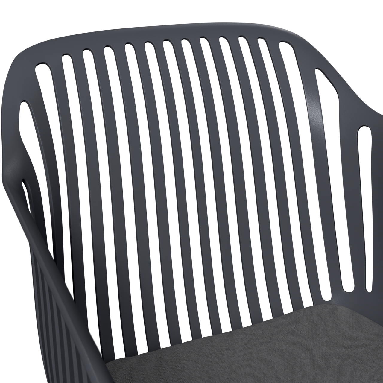 Nahaufnahme eines grauen Stapelsessels mit vertikalen Streben, Ansicht von oben.