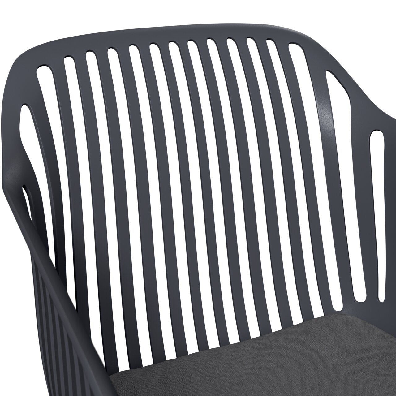 Nahaufnahme eines grauen Stapelsessels mit vertikalen Streben, Ansicht von oben.