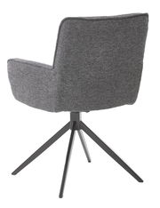 Rückansicht eines grauen Armlehnstuhls mit schwarzem Metallgestell und vier Beinen.