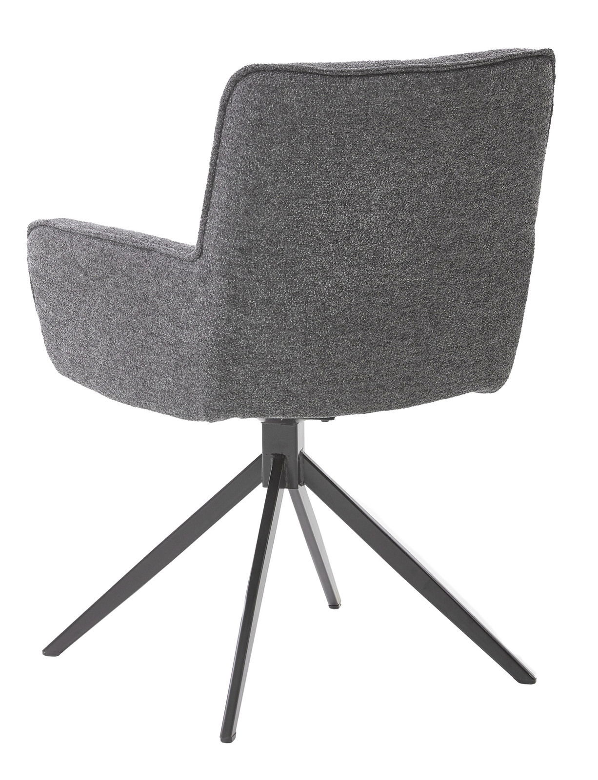 Rückansicht eines grauen Armlehnstuhls mit schwarzem Metallgestell und vier Beinen.