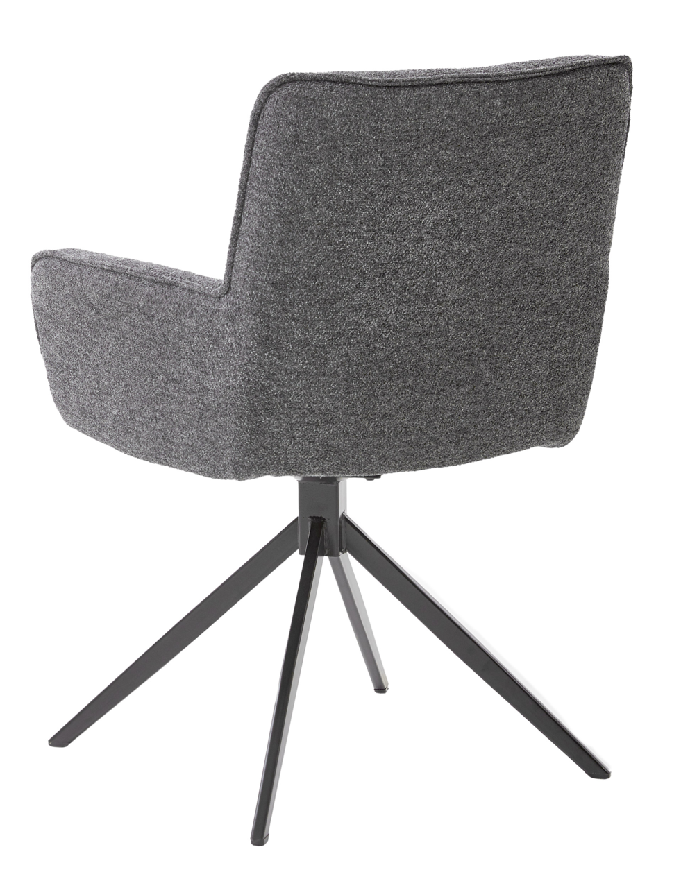 Rückansicht eines grauen Armlehnstuhls mit schwarzem Metallgestell und vier Beinen.