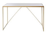 Moderner Schreibtisch mit goldfarbenem Metallgestell und weißer Tischplatte, Frontalansicht