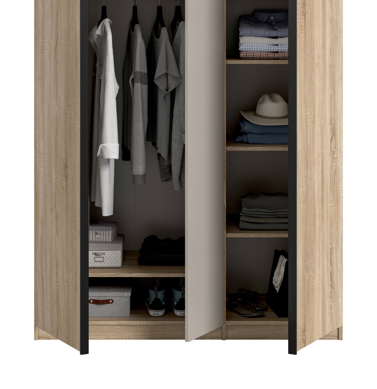 Geöffneter Kleiderschrank in heller Holzoptik mit schwarzem Rahmen, links Kleiderstange mit hängenden Hemden und unten Ablage mit Boxen und Schuhen, rechts mehrere Regalböden mit gefalteter Kleidung und Hut; Frontansicht leicht von oben.