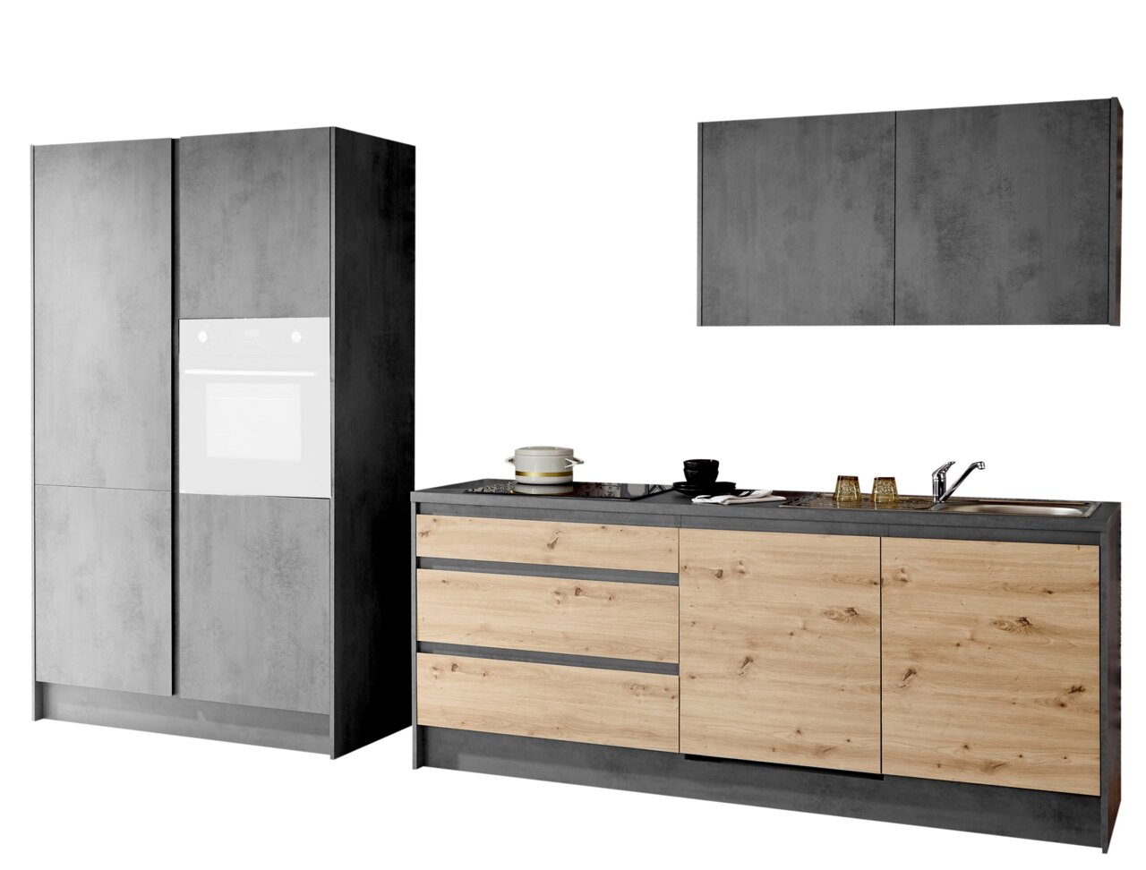 Yourkitchen Küchenblock 335 TROJA Moderner Küchenblock in Betonoptik mit Holzfronten, bestehend aus einem hohen Schrank, einem Unterschrank mit Spüle und einem Hängeschrank, frontal betrachtet.