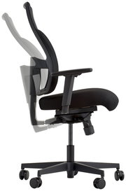 Seitenansicht eines verstellbaren Drehstuhls mit schwarzem Bezug und Armlehnen, auf Rollen.