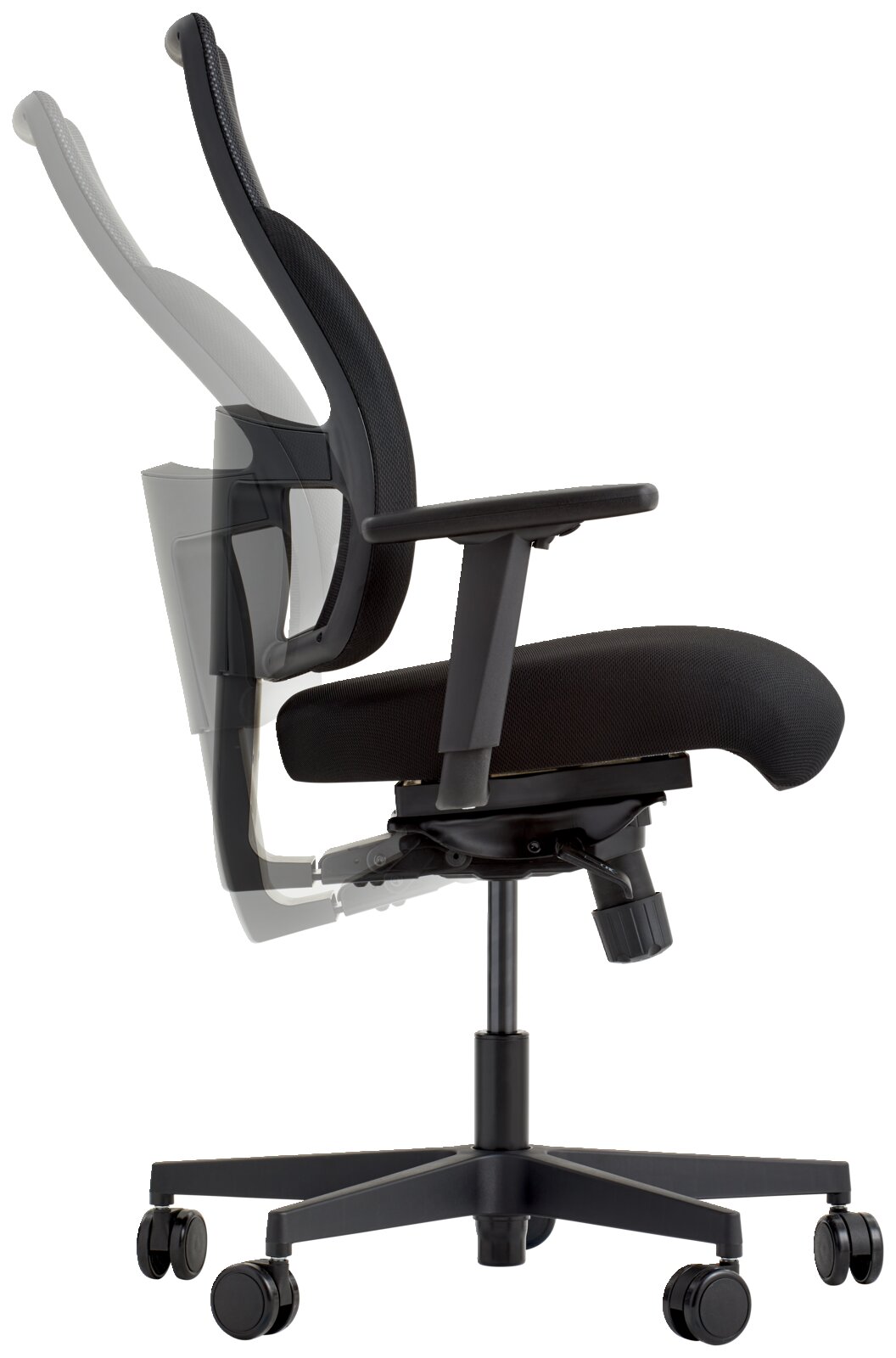 Seitenansicht eines verstellbaren Drehstuhls mit schwarzem Bezug und Armlehnen, auf Rollen.