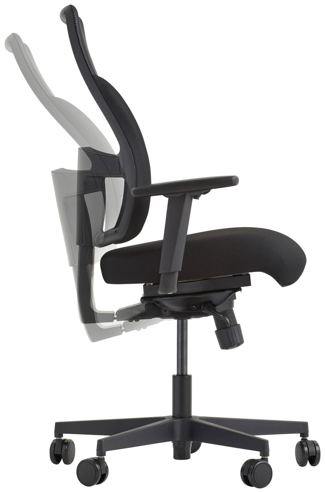 Seitenansicht eines verstellbaren Drehstuhls mit schwarzem Bezug und Armlehnen, auf Rollen.