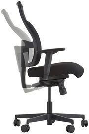 Seitenansicht eines verstellbaren Drehstuhls mit schwarzem Bezug und Armlehnen, auf Rollen.