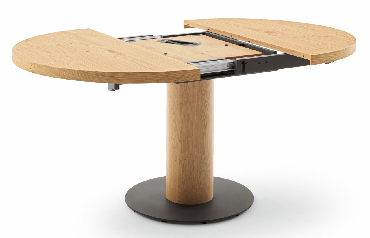 Runder Esstisch aus Holz mit ausziehbarer Funktion, seitliche Perspektive