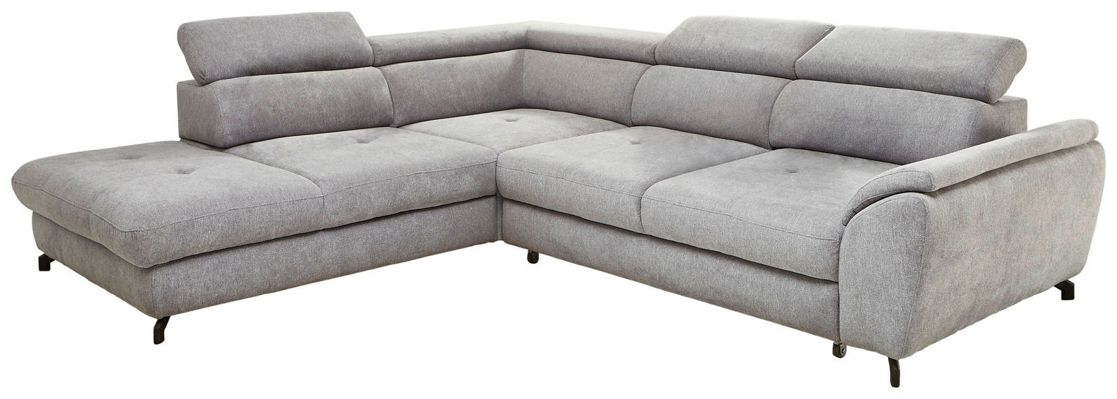 Graue Eckgarnitur mit verstellbaren Kopfstützen, seitliche Perspektive