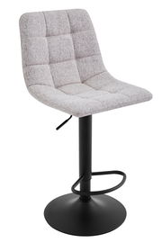 Moderner Barhocker mit grauem, gepolstertem Sitz und schwarzem Metallfuß, seitliche Perspektive