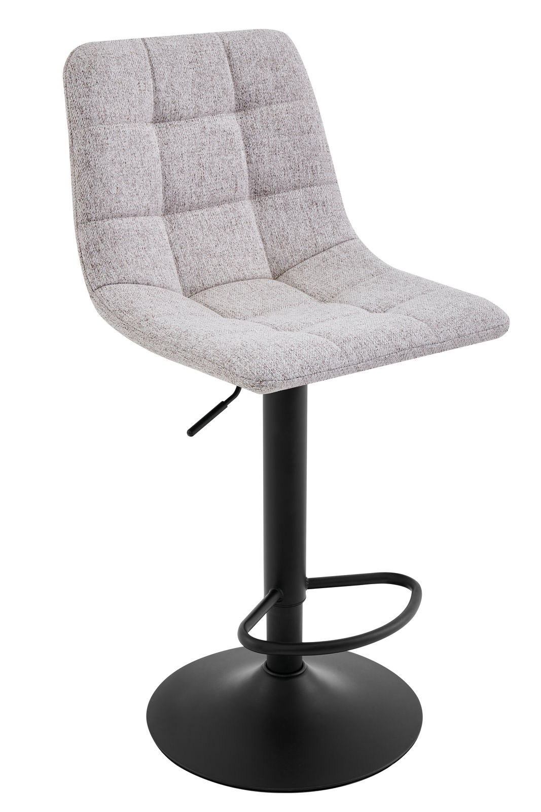 Moderner Barhocker mit grauem, gepolstertem Sitz und schwarzem Metallfuß, seitliche Perspektive