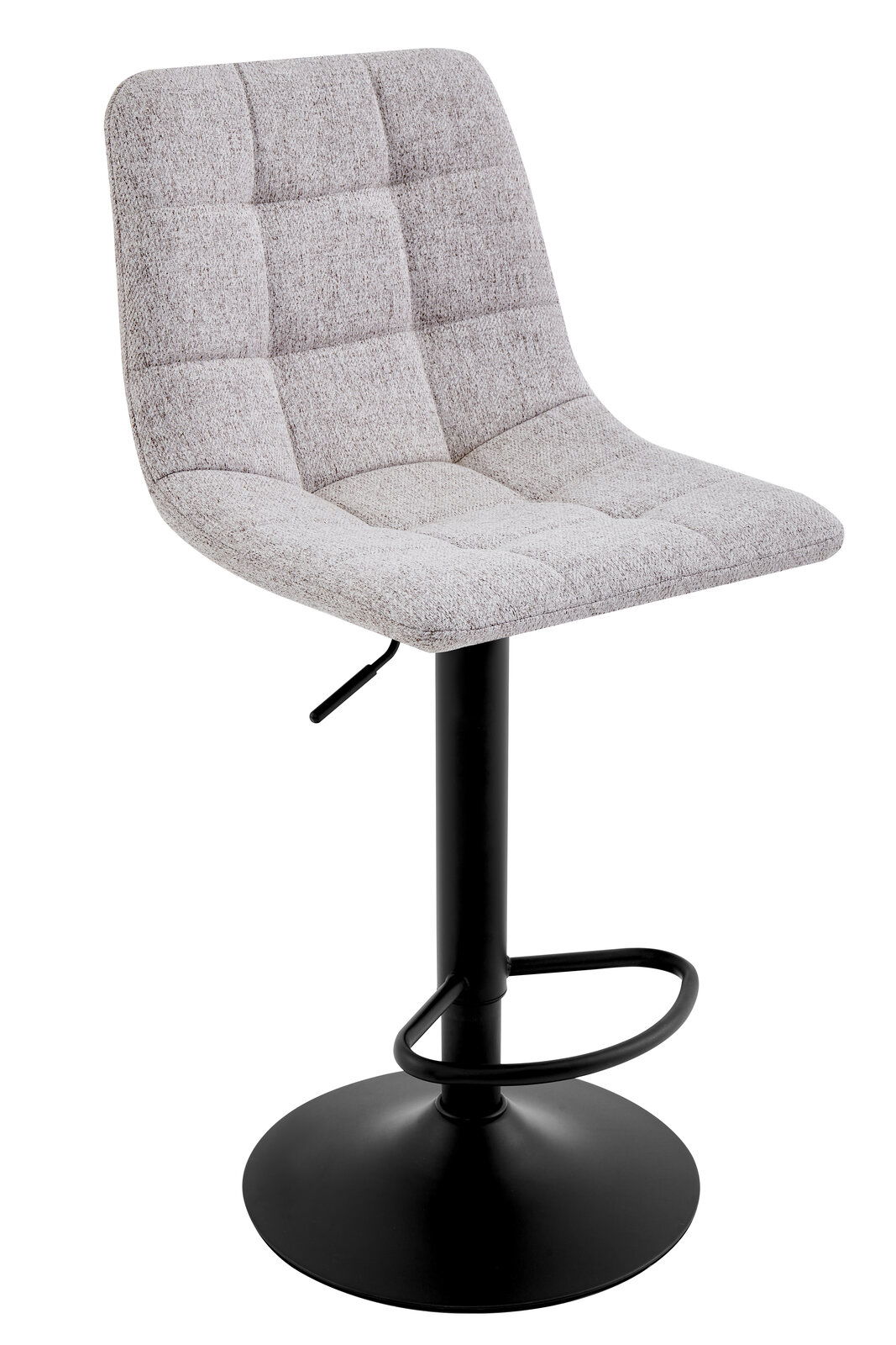 Moderner Barhocker mit grauem, gepolstertem Sitz und schwarzem Metallfuß, seitliche Perspektive