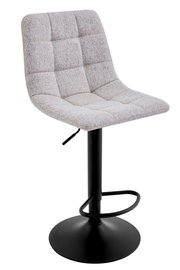 Moderner Barhocker mit grauem, gepolstertem Sitz und schwarzem Metallfuß, seitliche Perspektive