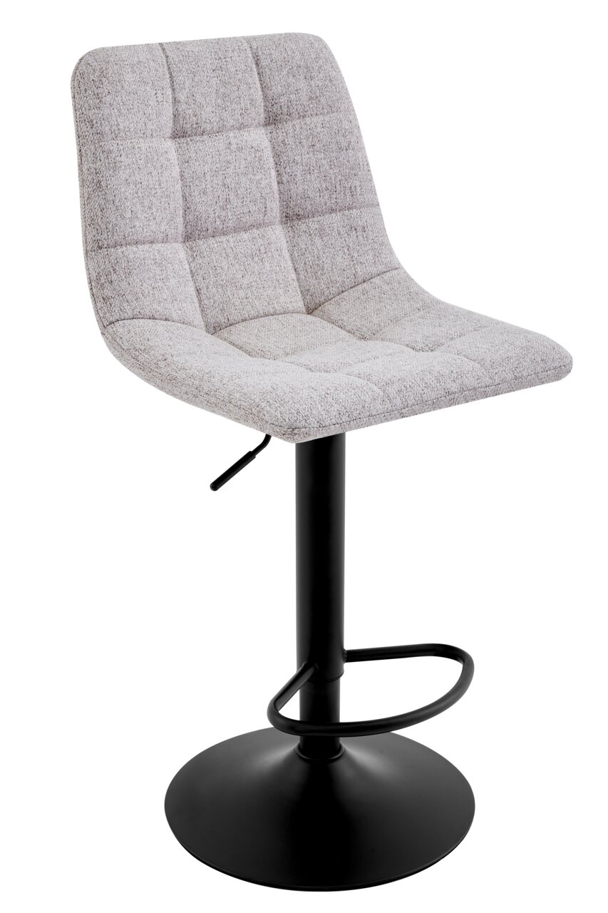 Moderner Barhocker mit grauem, gepolstertem Sitz und schwarzem Metallfuß, seitliche Perspektive