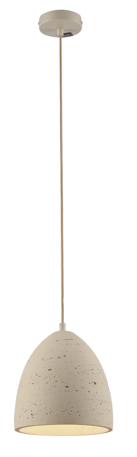 Beige Pendelleuchte mit gesprenkeltem, konischem Lampenschirm und langem Textilkabel, Ansicht von vorne leicht von unten vor weißem Hintergrund
