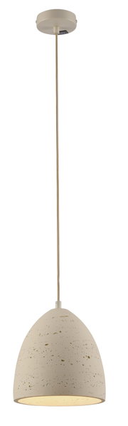 Beige Pendelleuchte mit gesprenkeltem, konischem Lampenschirm und langem Textilkabel, Ansicht von vorne leicht von unten vor weißem Hintergrund