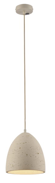 Beige Pendelleuchte mit gesprenkeltem, konischem Lampenschirm und langem Textilkabel, Ansicht von vorne leicht von unten vor weißem Hintergrund