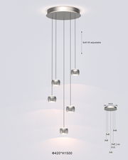 Moderne LED-Pendelleuchte mit fünf verstellbaren Leuchtkörpern, Ansicht von unten.