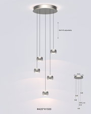 Moderne LED-Pendelleuchte mit fünf verstellbaren Leuchtkörpern, Ansicht von unten.