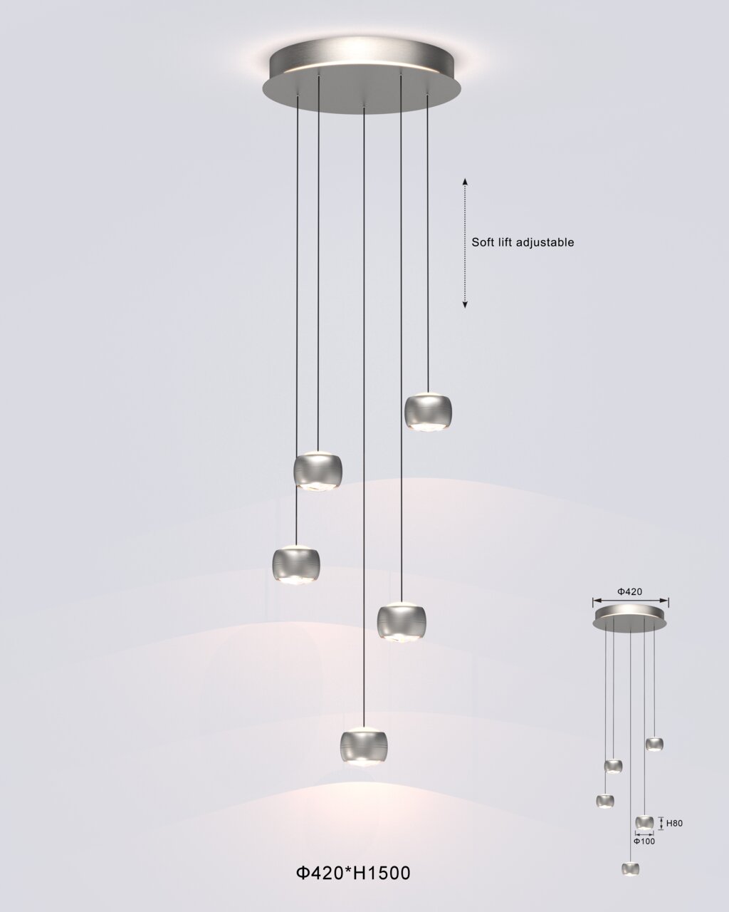 Moderne LED-Pendelleuchte mit fünf verstellbaren Leuchtkörpern, Ansicht von unten.