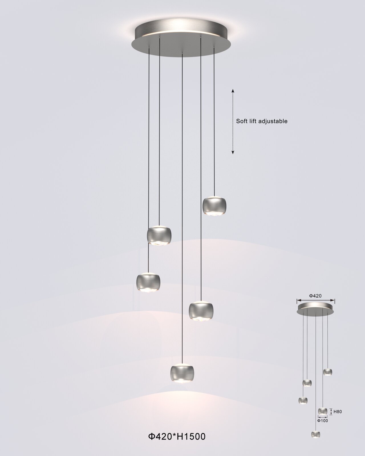Moderne LED-hanglamp met vijf verstelbare lampen, gezien van onderaf.