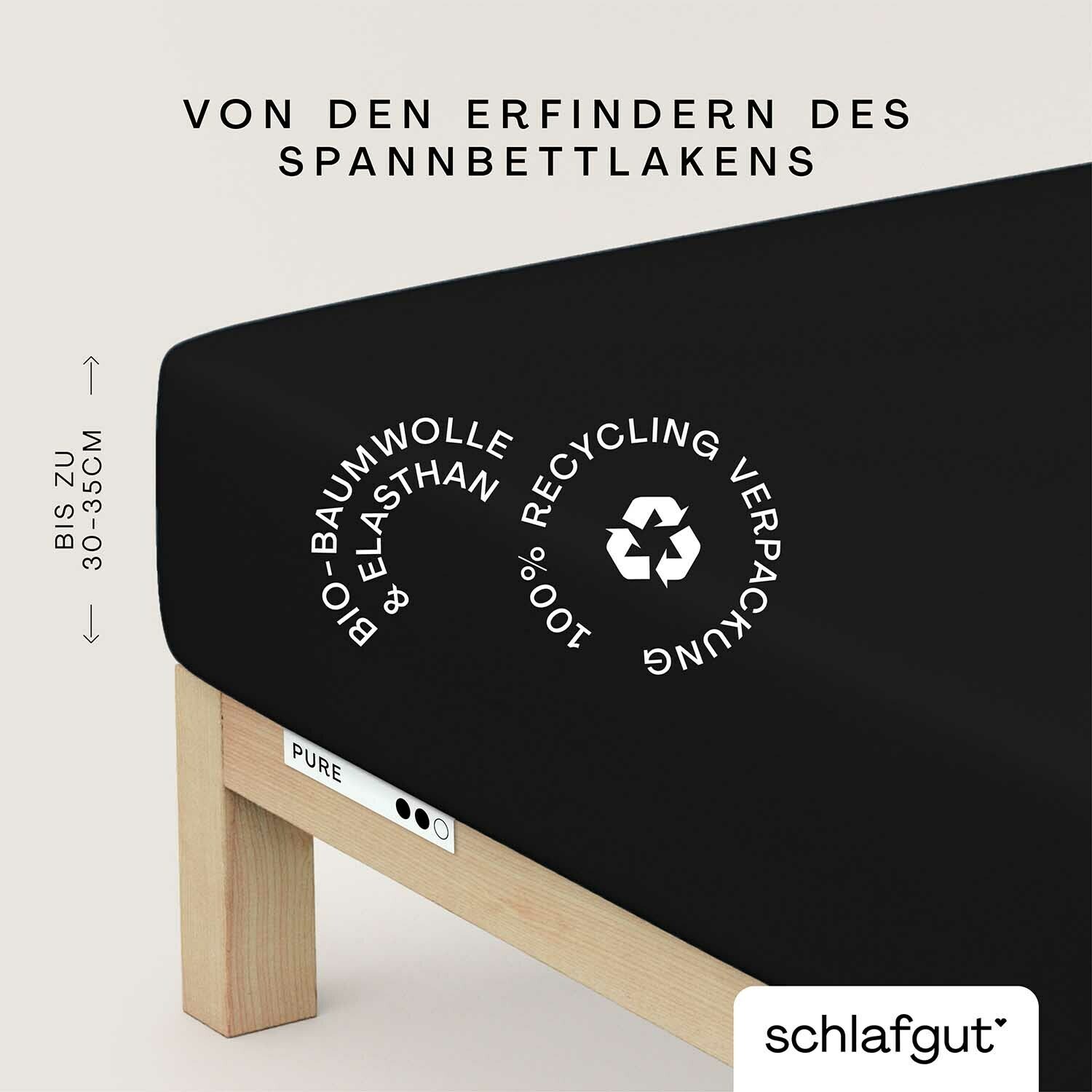 Schwarzes Spannbettlaken aus Bio-Baumwolle und Elasthan auf einem Bett, mit Recycling-Verpackung, seitliche Perspektive.