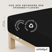 Schwarzes Spannbettlaken aus Bio-Baumwolle und Elasthan auf einem Bett, mit Recycling-Verpackung, seitliche Perspektive.
