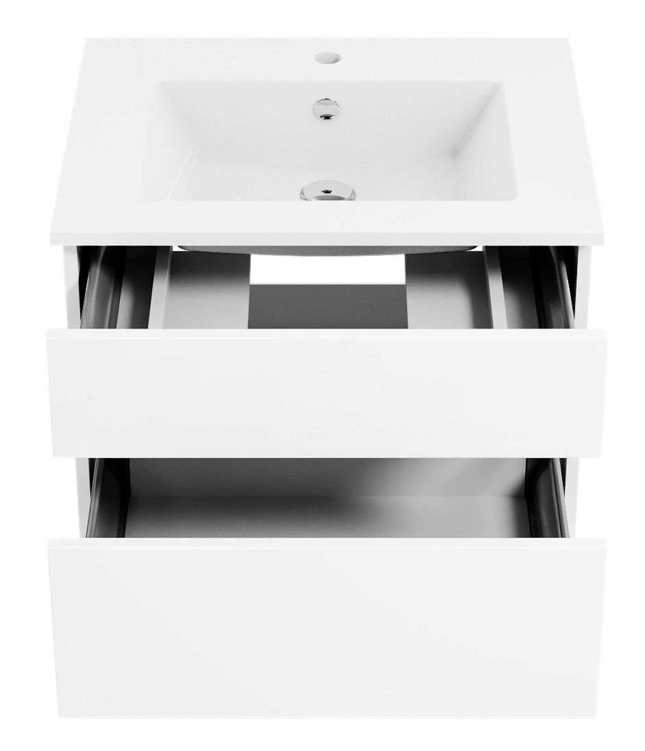 Weiße Badkombination mit zwei offenen Schubladen und integriertem Waschbecken, Ansicht von vorne.