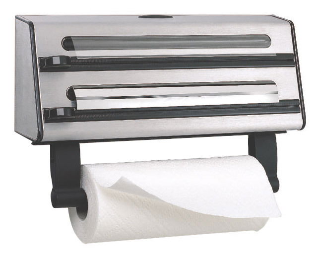 3-fach Schneidabroller CONTURA aus Edelstahl, seitliche Perspektive, mit drei Schneidvorrichtungen für Folien und Papierrollen.