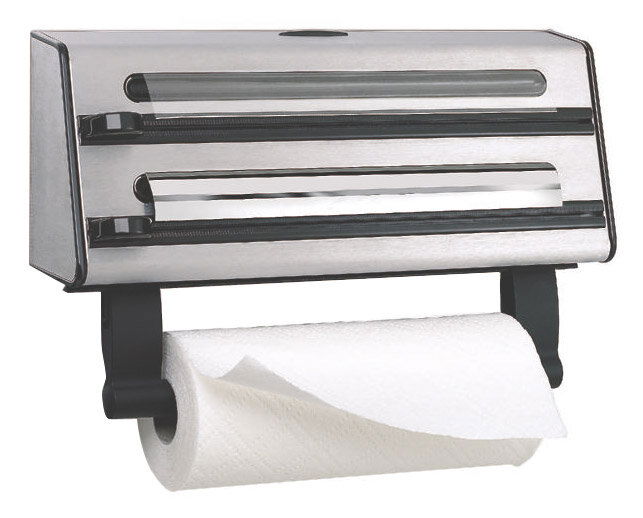 3-fach Schneidabroller CONTURA aus Edelstahl, seitliche Perspektive, mit drei Schneidvorrichtungen für Folien und Papierrollen.