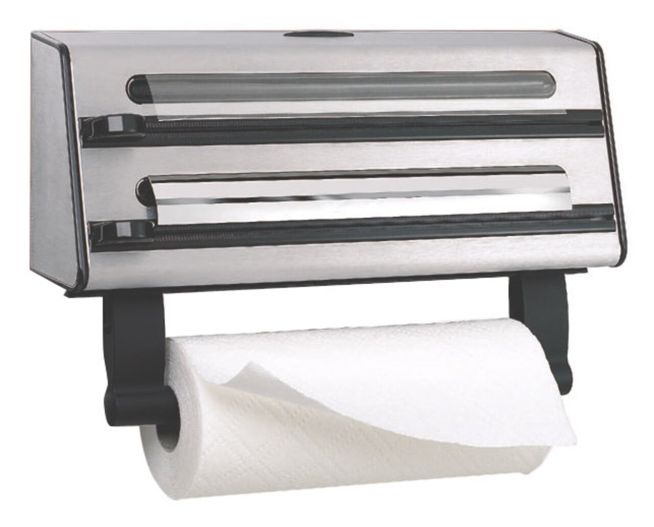 3-fach Schneidabroller CONTURA aus Edelstahl, seitliche Perspektive, mit drei Schneidvorrichtungen für Folien und Papierrollen.