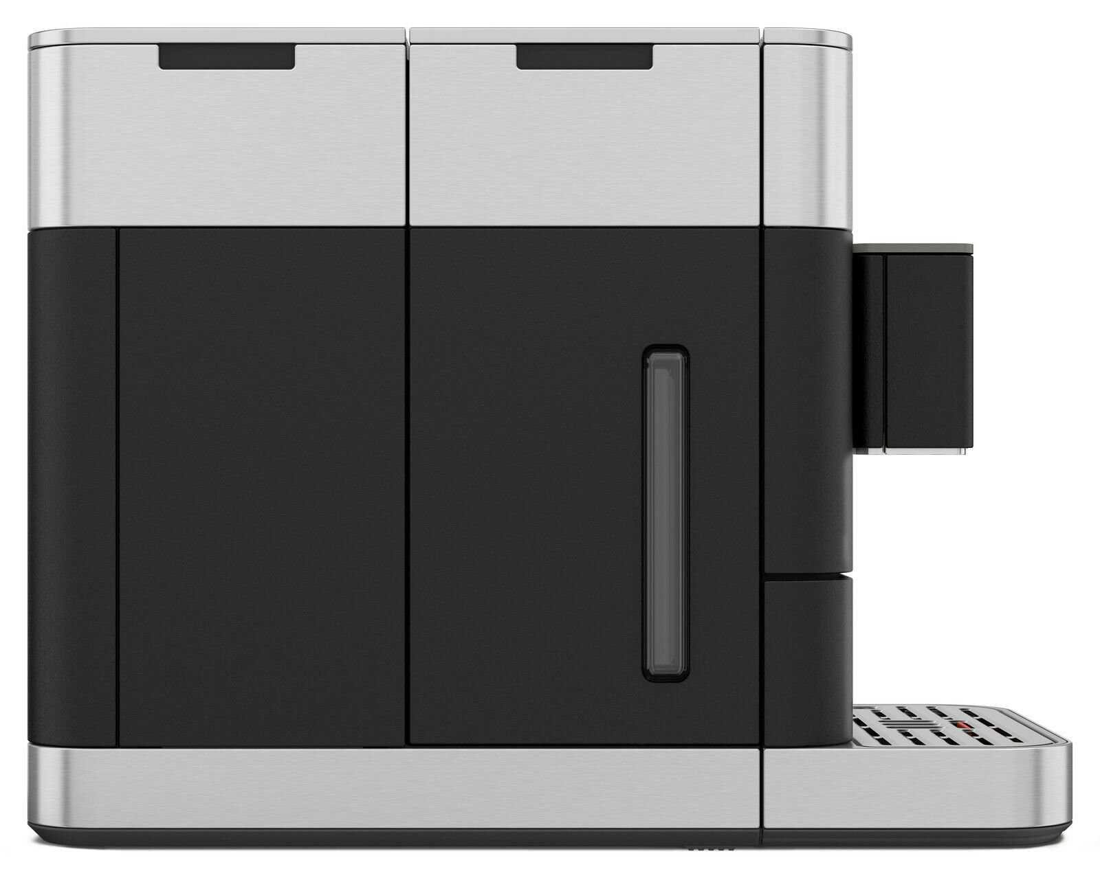 Seitenansicht eines modernen Kaffeevollautomaten in Schwarz und Silber mit klaren Linien und einem minimalistischen Design.