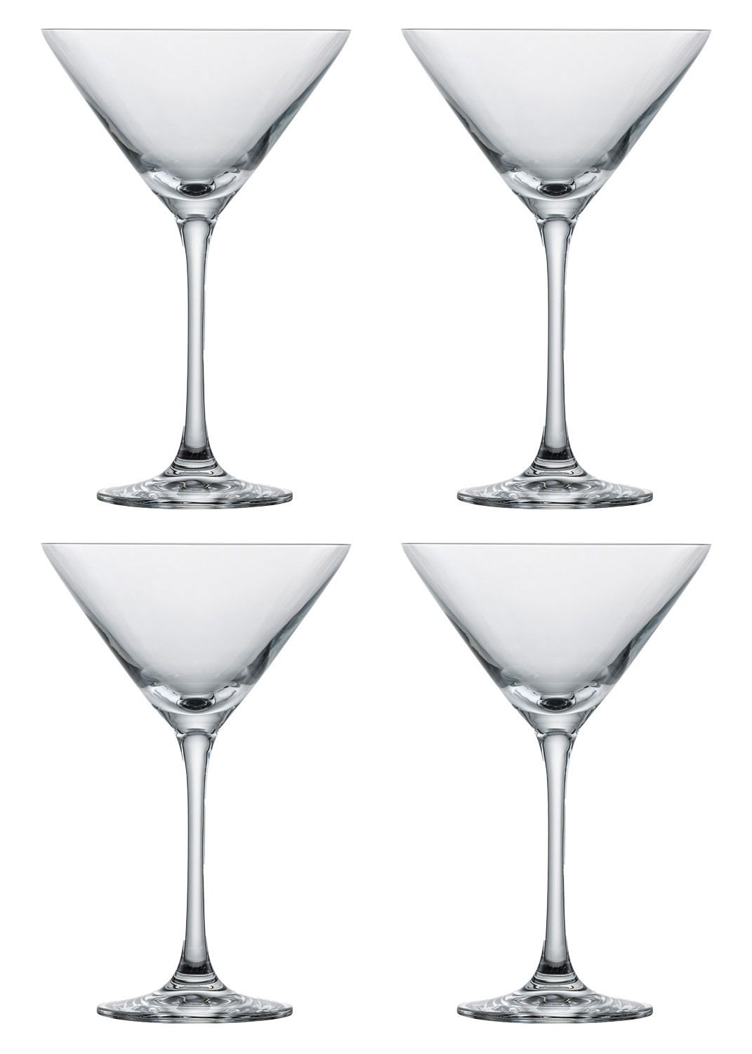 Vier elegante Martinigläser in klassischer Form, frontal präsentiert.