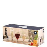 Verpackung des Kelchglassets Brindisi mit sechs Gläsern in verschiedenen Farben, seitliche Perspektive.