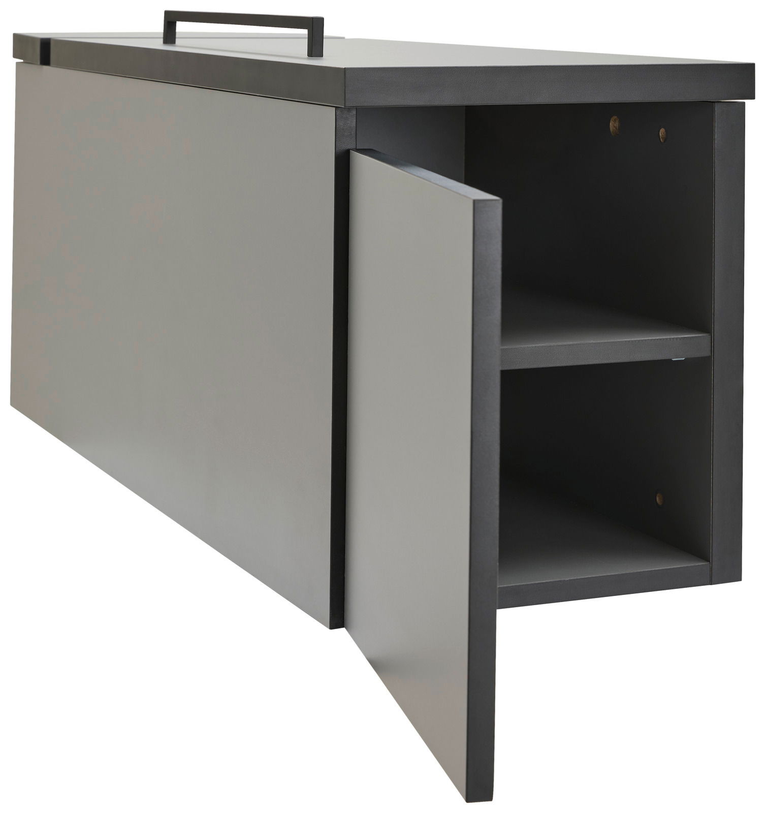 Graue Towerunit mit geöffneter Tür, seitliche Perspektive