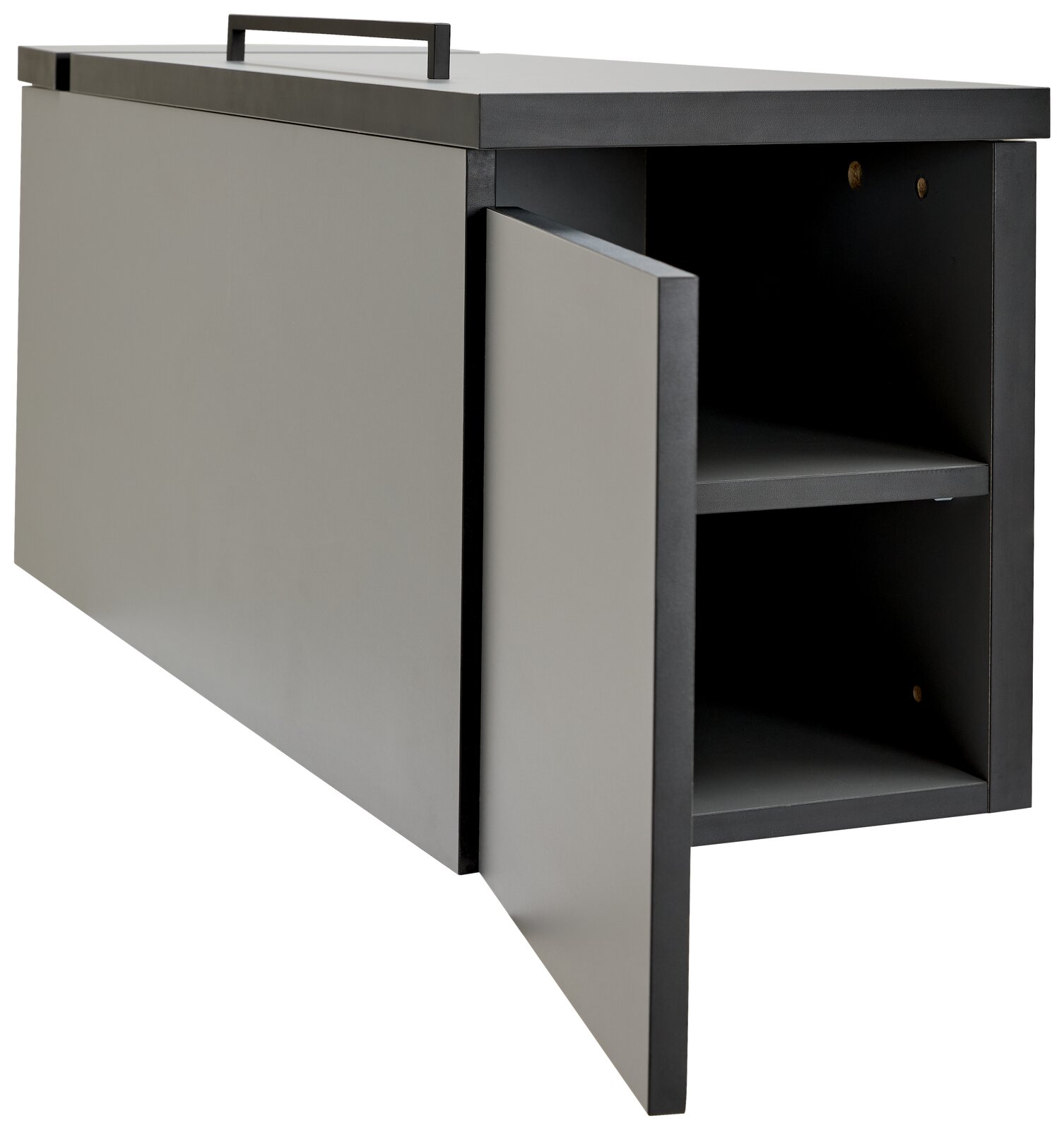 Graue Towerunit mit geöffneter Tür, seitliche Perspektive