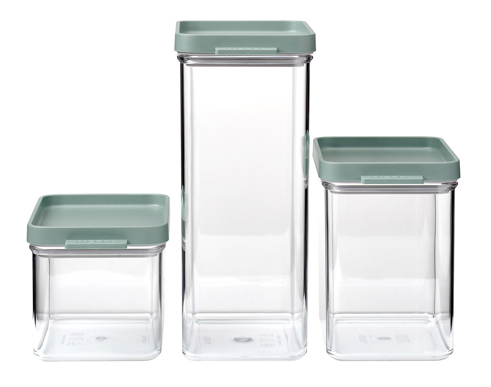 Dreiteiliges Vorratsdosen-Set mit transparenten Behältern und grünen Deckeln, frontal abgebildet.