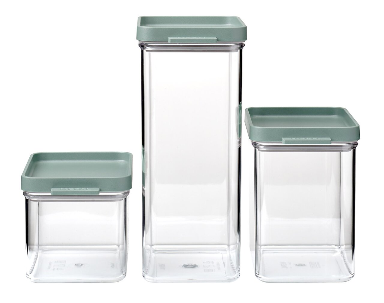 Dreiteiliges Vorratsdosen-Set mit transparenten Behältern und grünen Deckeln, frontal abgebildet.